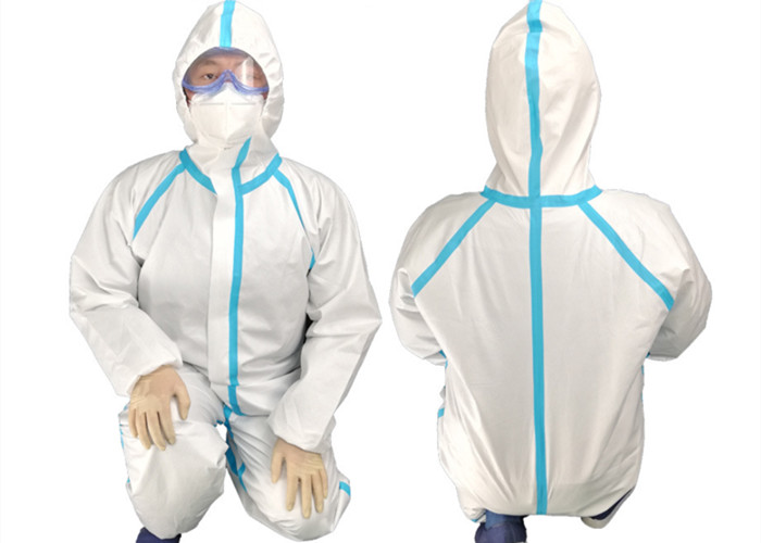 CAT 3 TYPE 3456 non medical disposable microporous SFS protective coverall with blue tape stripe CE ISO13485