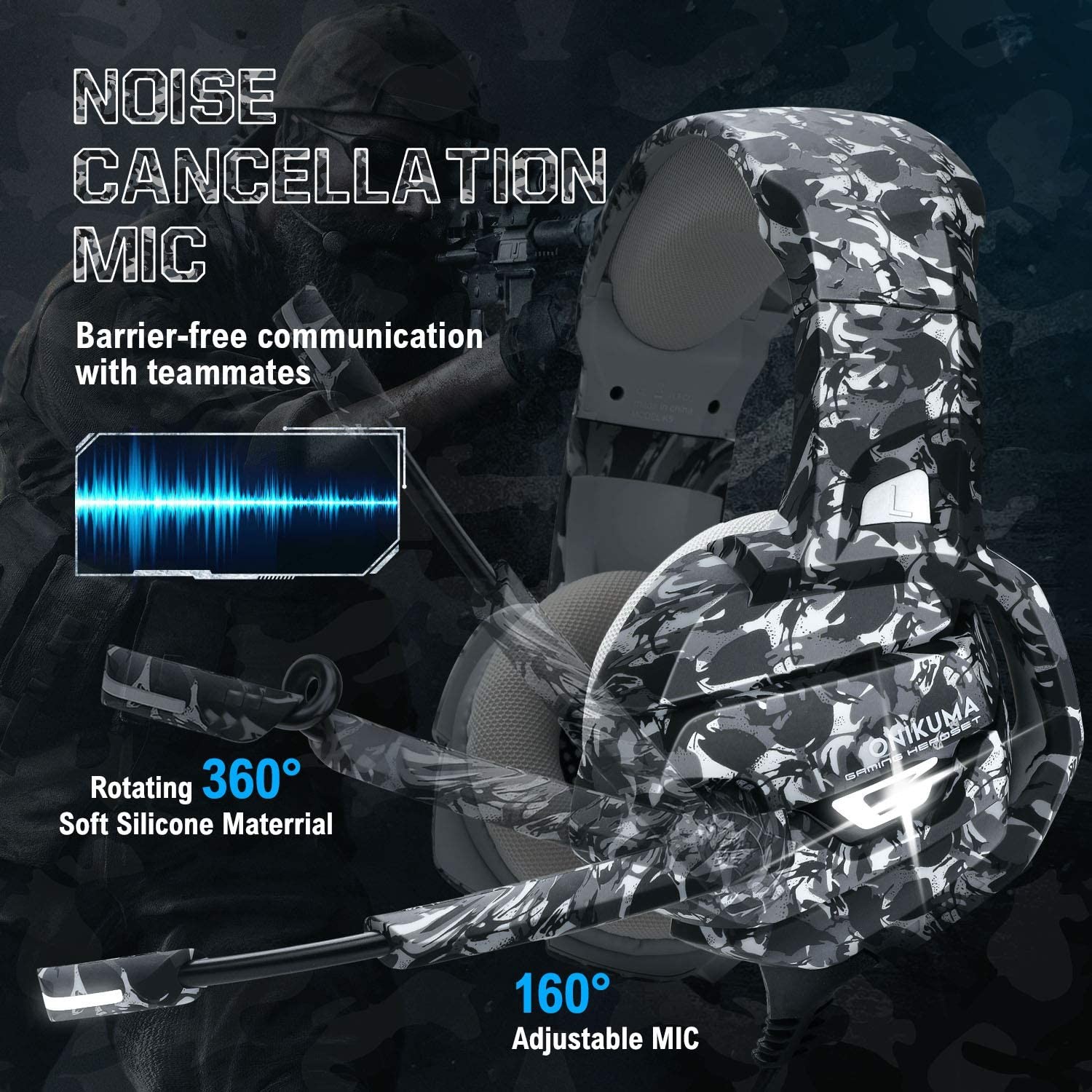 Over Ear ipx-5 ONIKUMA K5 2.2kohm Camouflage Gaming Headset