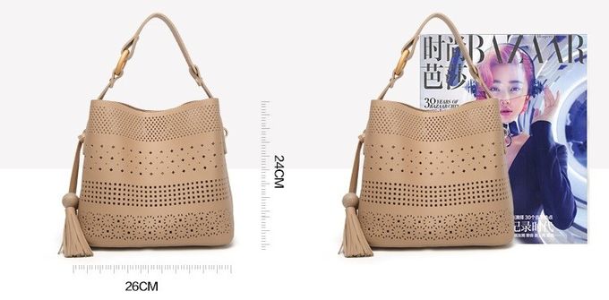 Hollow Out Beige Faux Leather PU Bucket Barrel Purse Leather