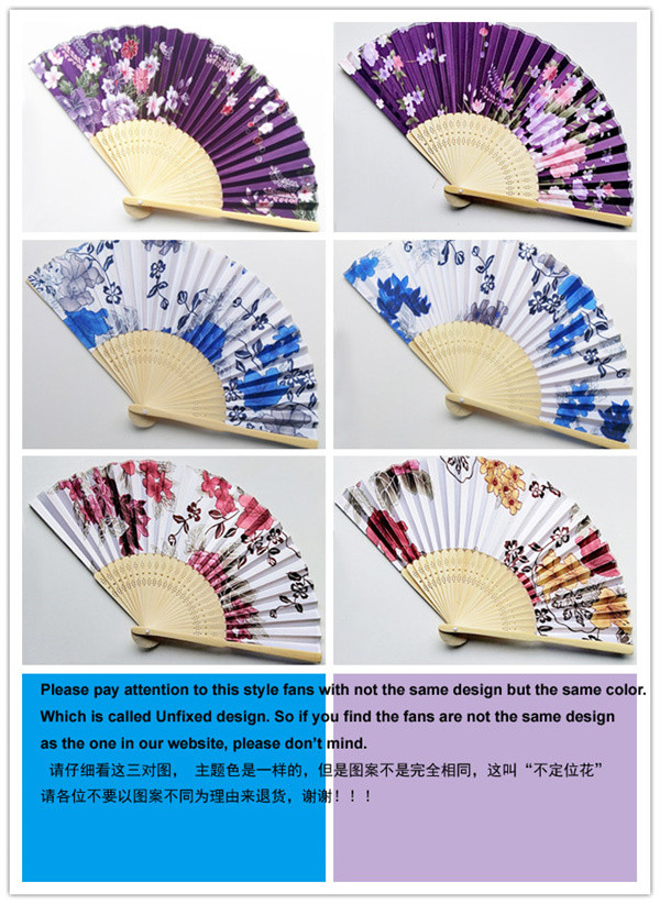 Small Foldable Festival Manual Colorful Fabric Bamboo Hand Fan With Assorted Flower Pattern
