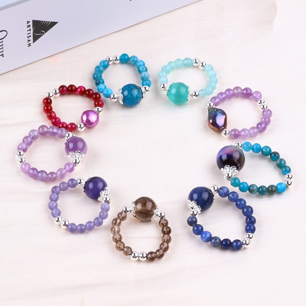 4mm Handmade Gemstone Beaded Ring Adjustable Elastic Blue Apatite Stone Ring Witth Colored Tigere's Eye Bead For Party D