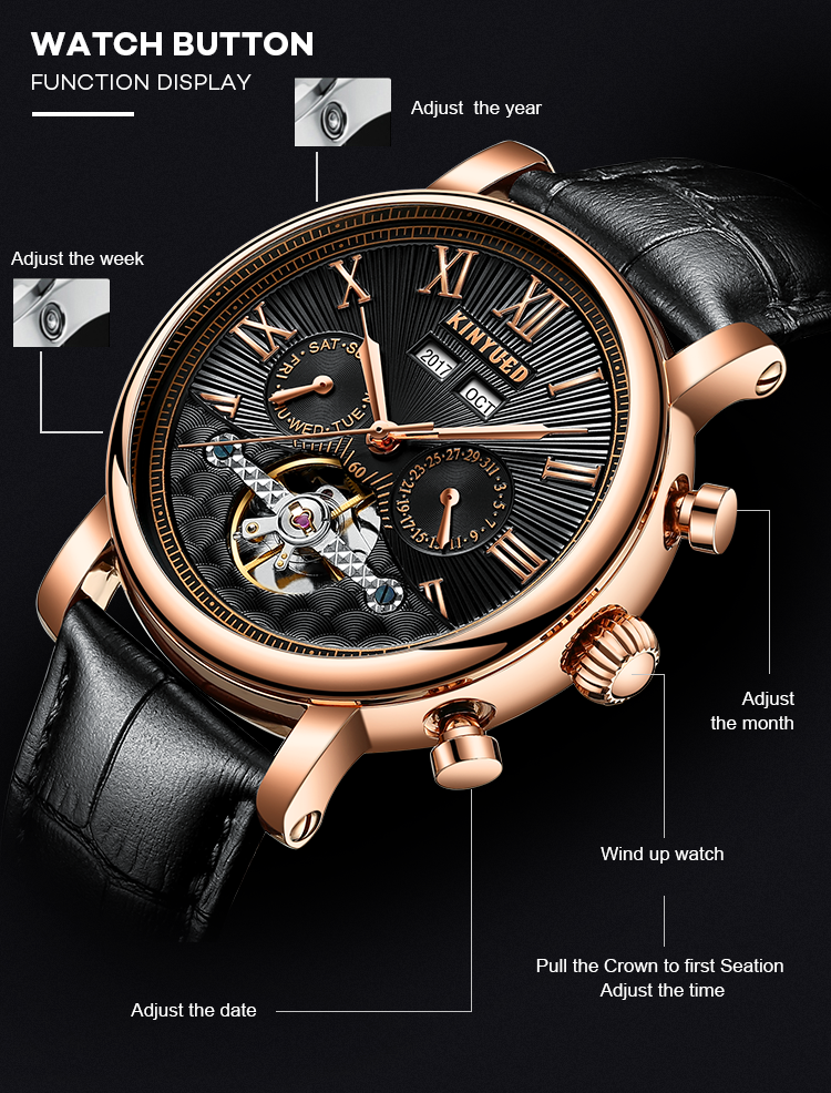 J022-2 Fashion Black Strap Silver Cover Hollow Out Case Back With Complete Calendar Mens Automatic Mechanical Watch