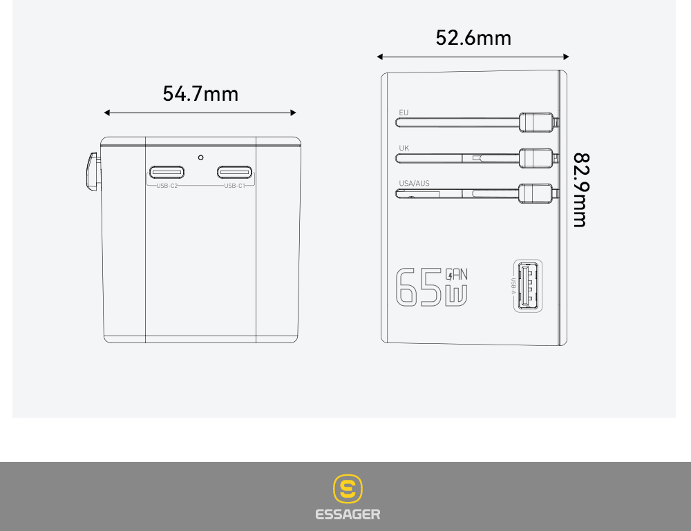 ESSAGER JY-309 Series 65W Universal Plug USB C PD Charger
