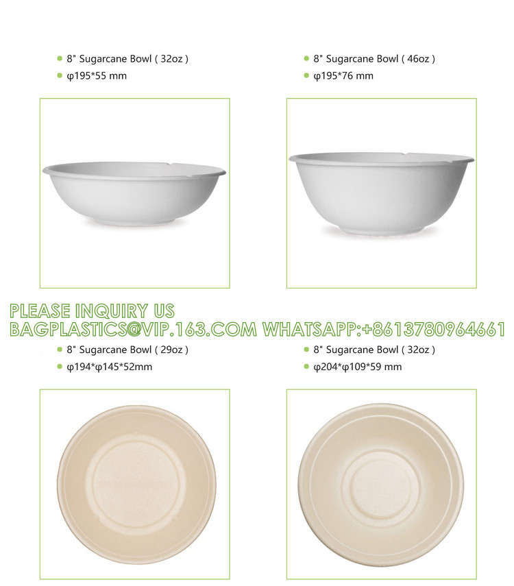 Biodegradable Disposable Compostable Sugarcane Bagasse Food Container Paper Pulp Bowl 12oz 24oz 32oz Round Salad