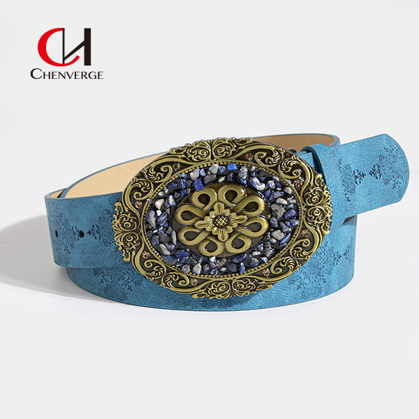 All Seasons Fashionable Vintage Leather Belt Tight Western Style Buckle 105cm Size