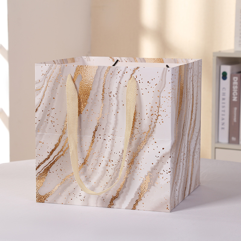 Custom Color Accepted White Card Square Bag with Marble Gift Bag and Flower Window