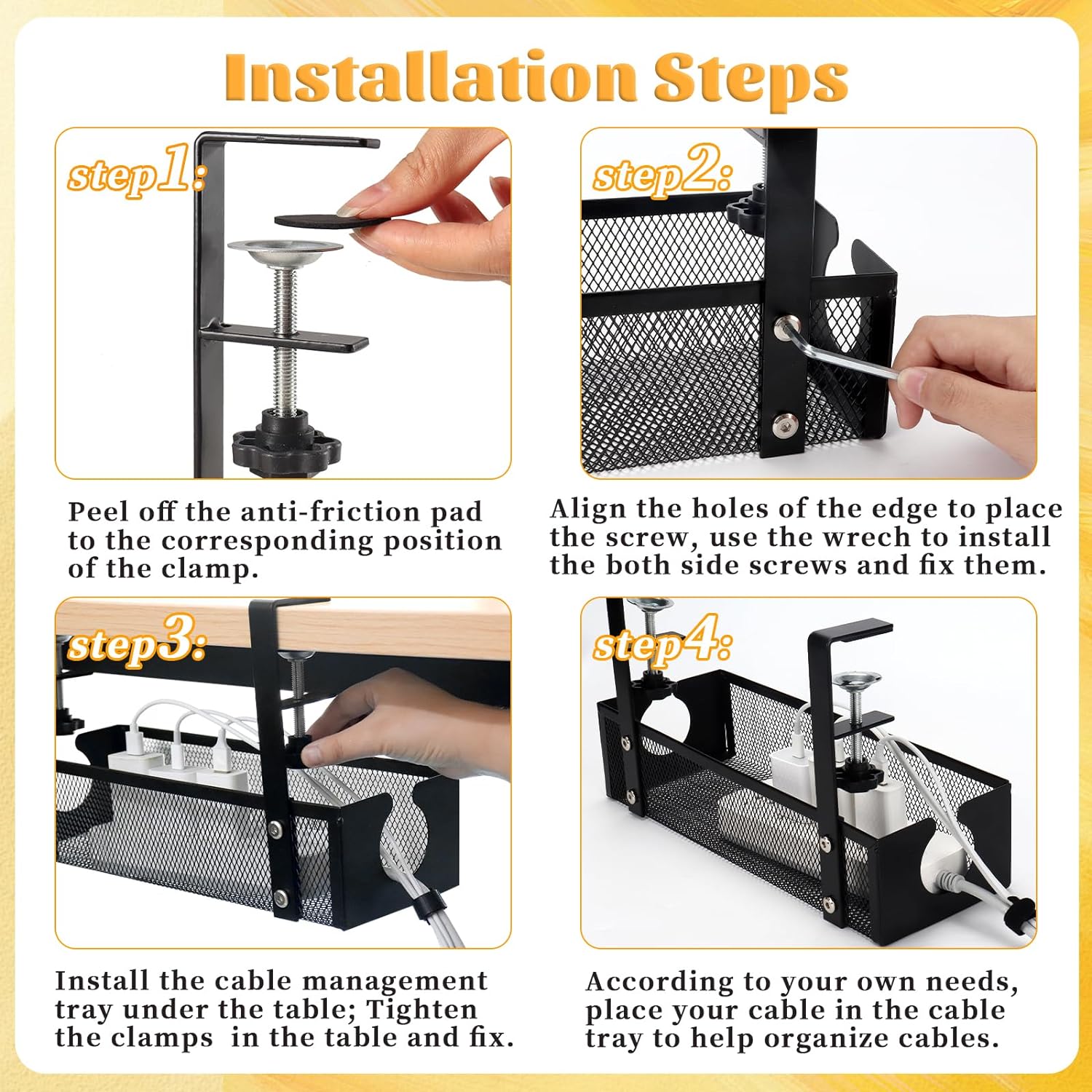 Under Desk Cable Management Tray 10 Silk Thickness Steel Material with Clamps Included