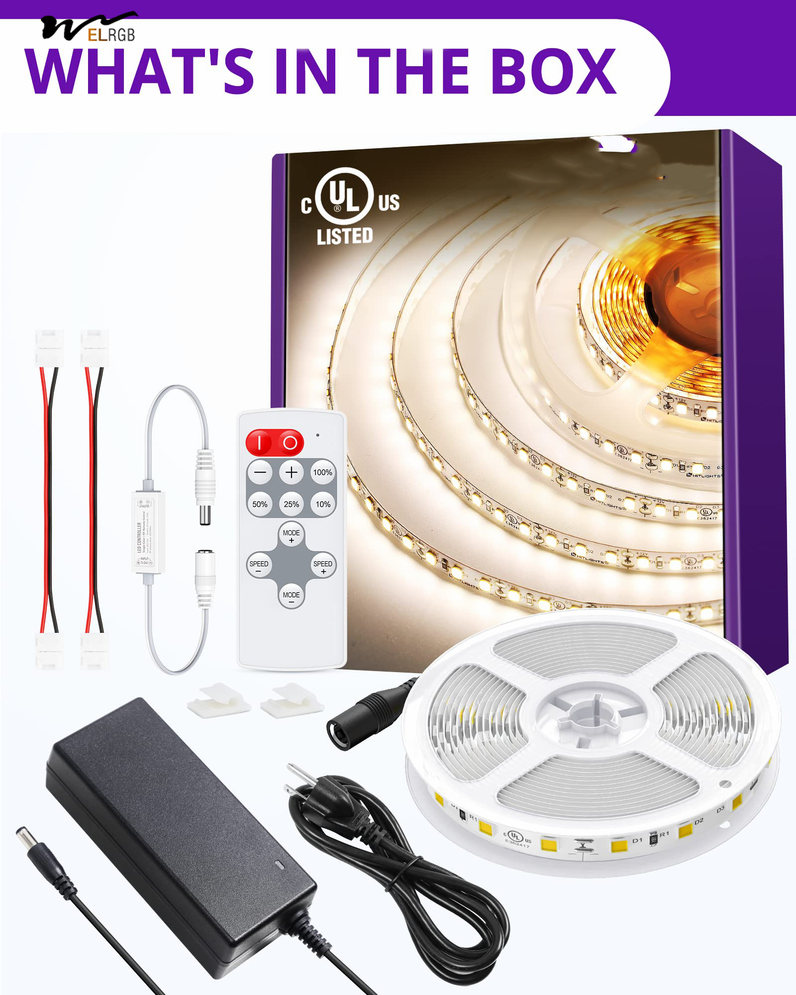 16.4ft LED Strip Lights Kit with Remote and 4000K High Density Dimmable Tape Lighting