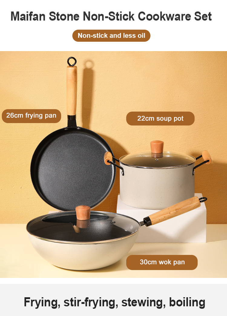 Kitchen Maifan Stone Coating Cast Iron Pot Set With Wooden Handle