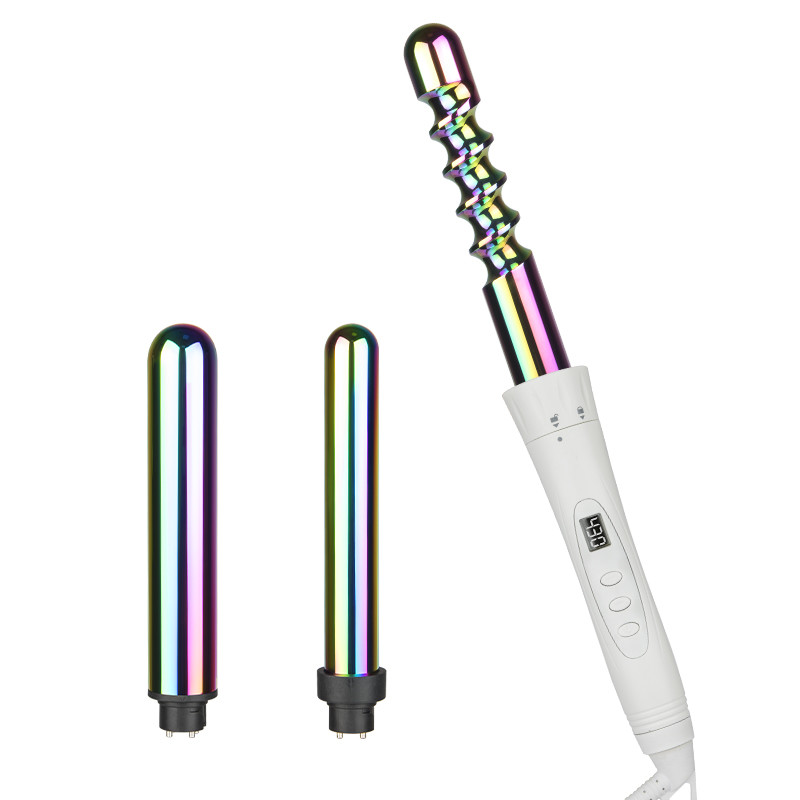 3 Barrel Interchangeable Curling Iron Set with Peacock Pattern Coated