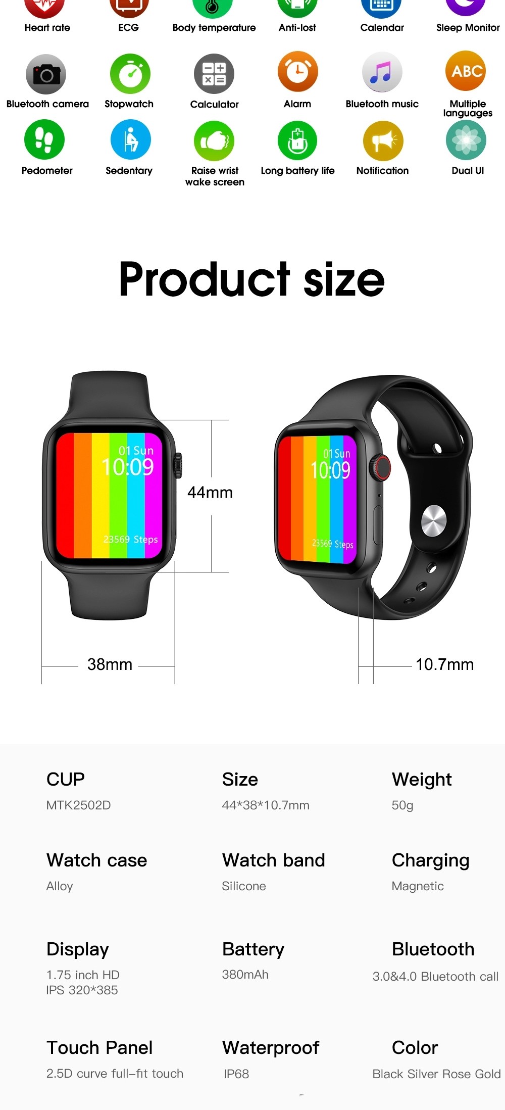 Wireless Charging IP68 1.75inch Waterproof Heart Rate Smartwatch