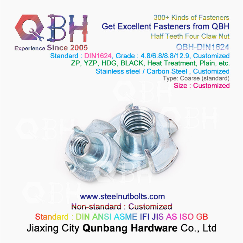 QBH M4-M10 DIN1624 Blue White Yellow Zinc Plated Carbon Steel Half Teeth Four Claw T Nuts
