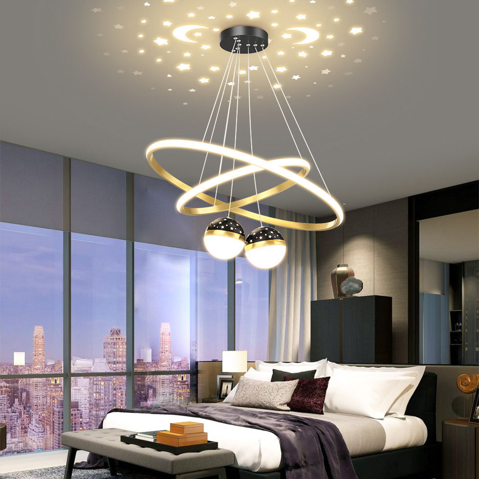 Modern Gold Chandelier Round Aluminum Pendant Light Star Ball Projection Durable Living Room Bedroom