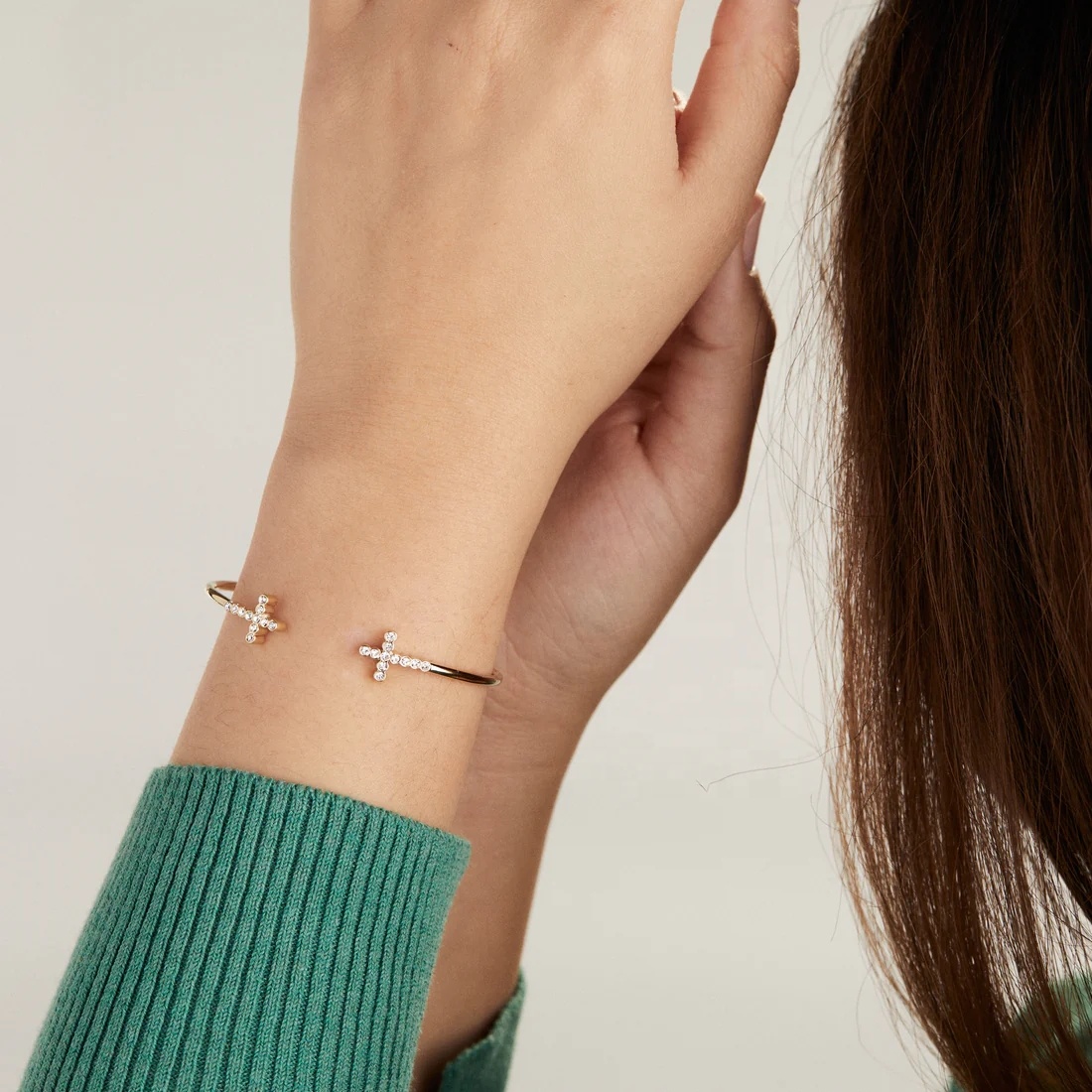 925 14K Gold Cross Bangle Bracelet With Pave Crystal Zircon For Women