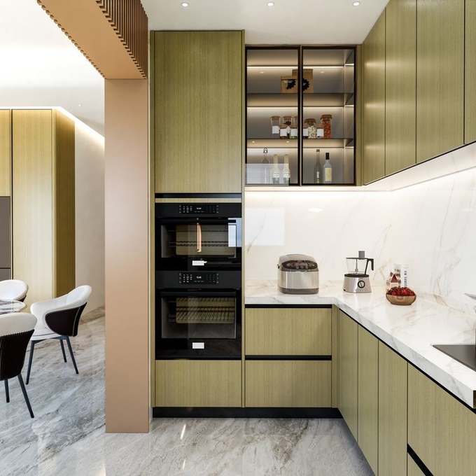 Fadior U-Shaped Wood Grain Stainless Steel Kitchen With Handle-Free Design