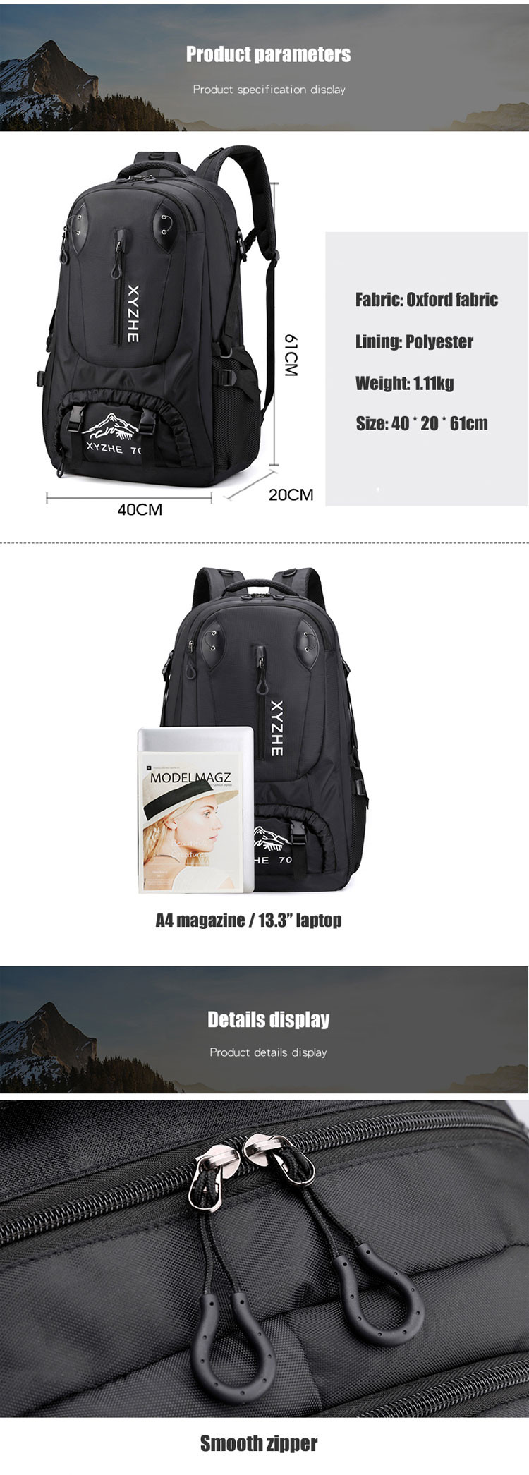 1.3 Inch 70L Camping Backpack Men Women Waterproof Backpack Bag Custom Logo