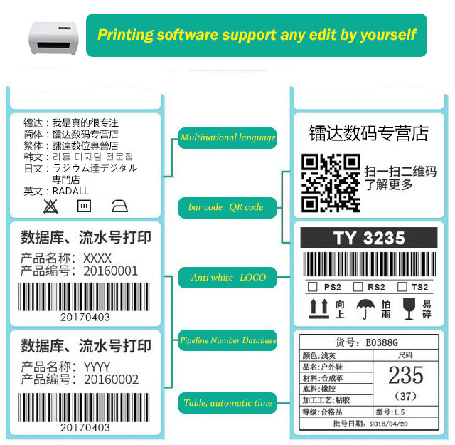 Label Express Waybill Product Price Sticker USB Bluetooth 4 Inch Thermal Barcode Printer For MAC OS Windows Android IOS