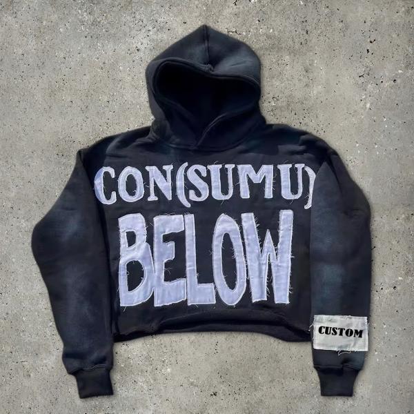 100 Cotton Hoodies For Men Terry Cut Raw Hem Embroidery Applique Sun Faded Acid