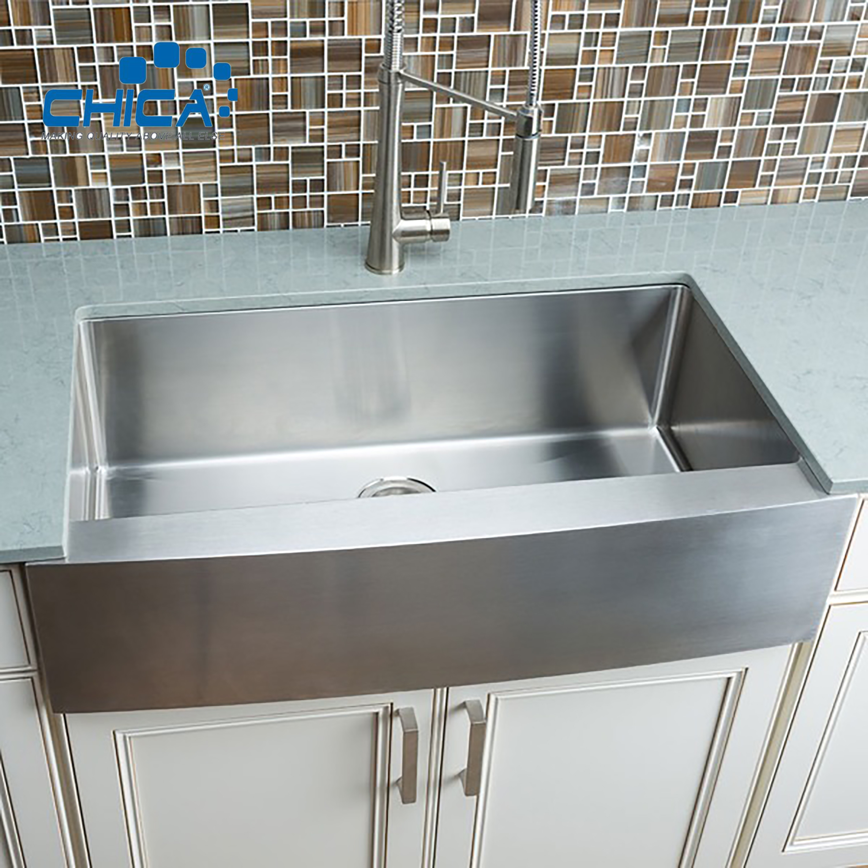 Stainless Steel SS304 Silver Color Handmade Apron Front Farmhouse Kitchen Sink