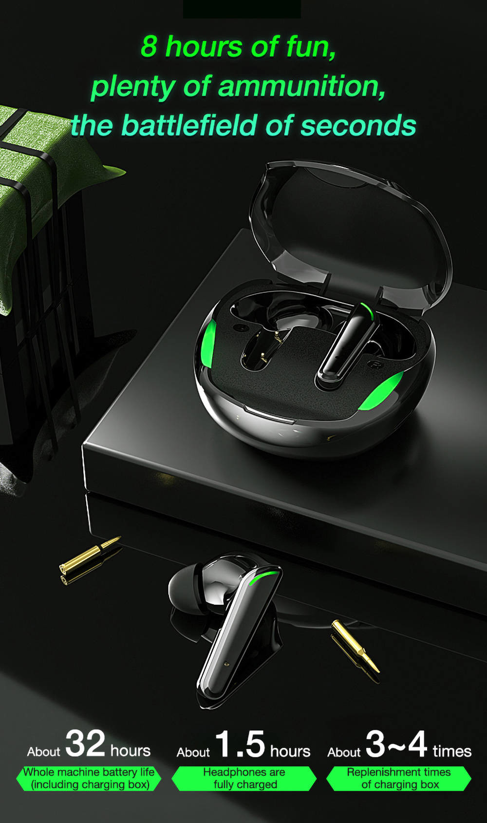 Microphone Wireless Gaming Earbuds 32Ω Impedance A2DP HiFi Sound For Iphone