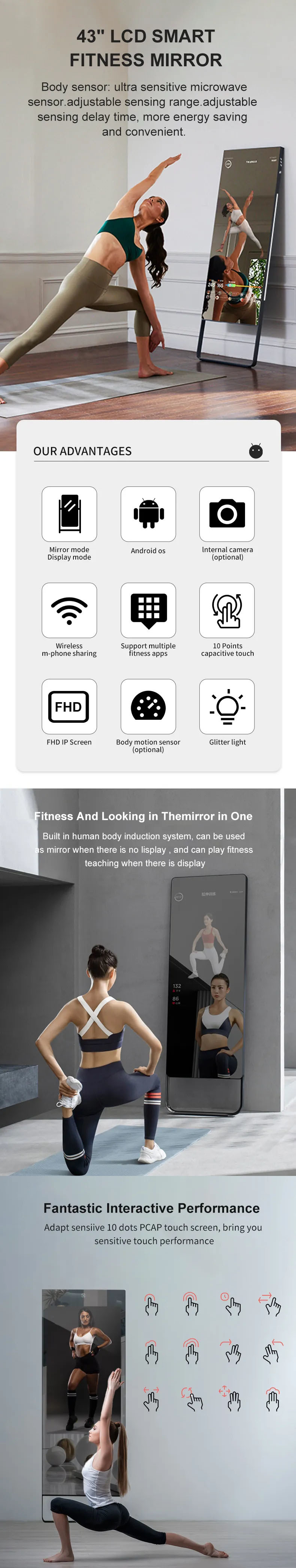 Max 1920x1080 Resolution 32" Fitness LCD Mirror Screen High Brightness