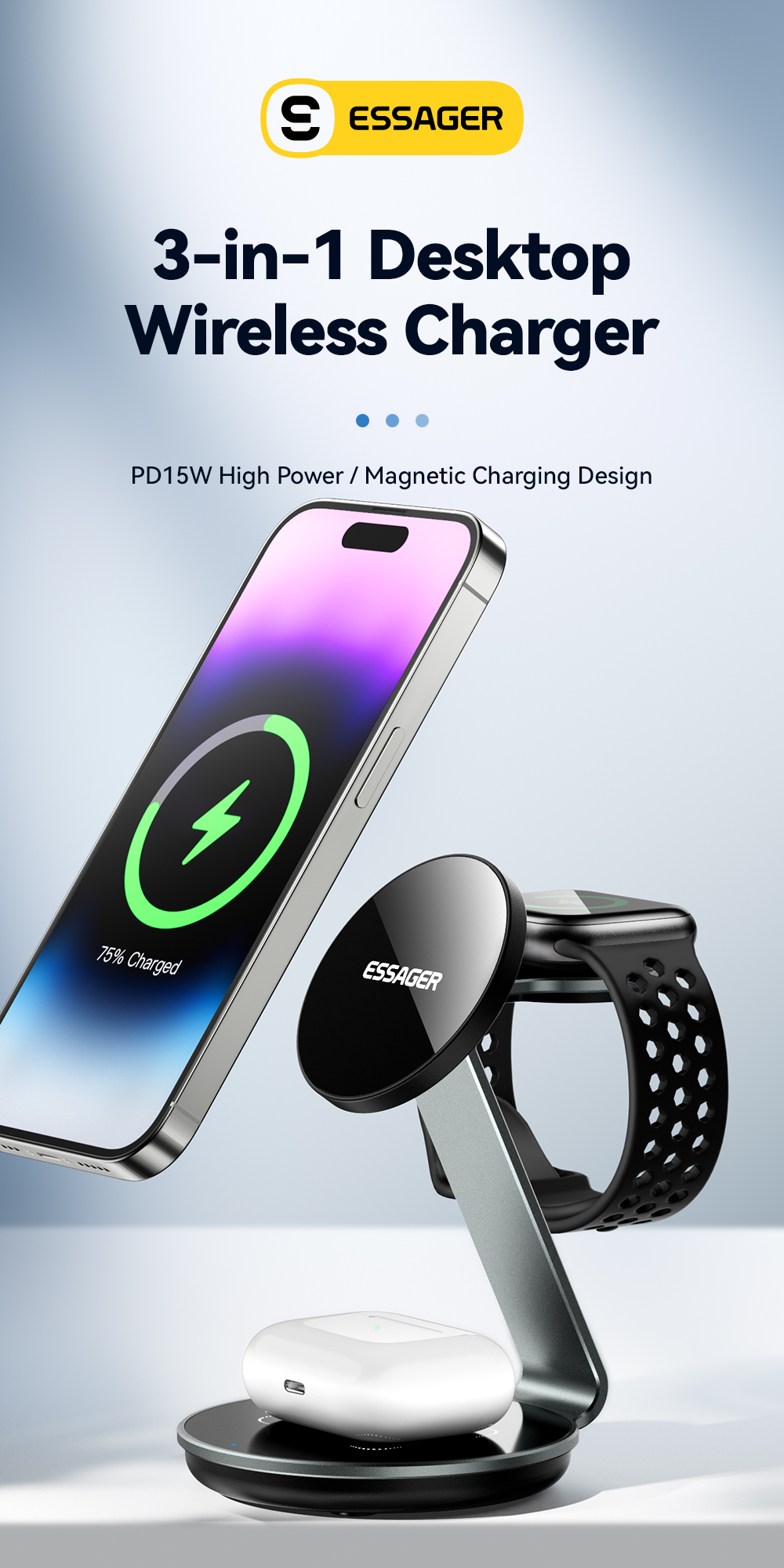 ESSAGER OJD-102 Series 3 In 1 Charging Stand Wireless Charging Pad USB C