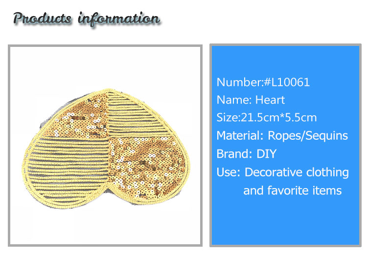 Heart Shape Sew On Embroidered Patches Popular Golden Sequin Professional Design