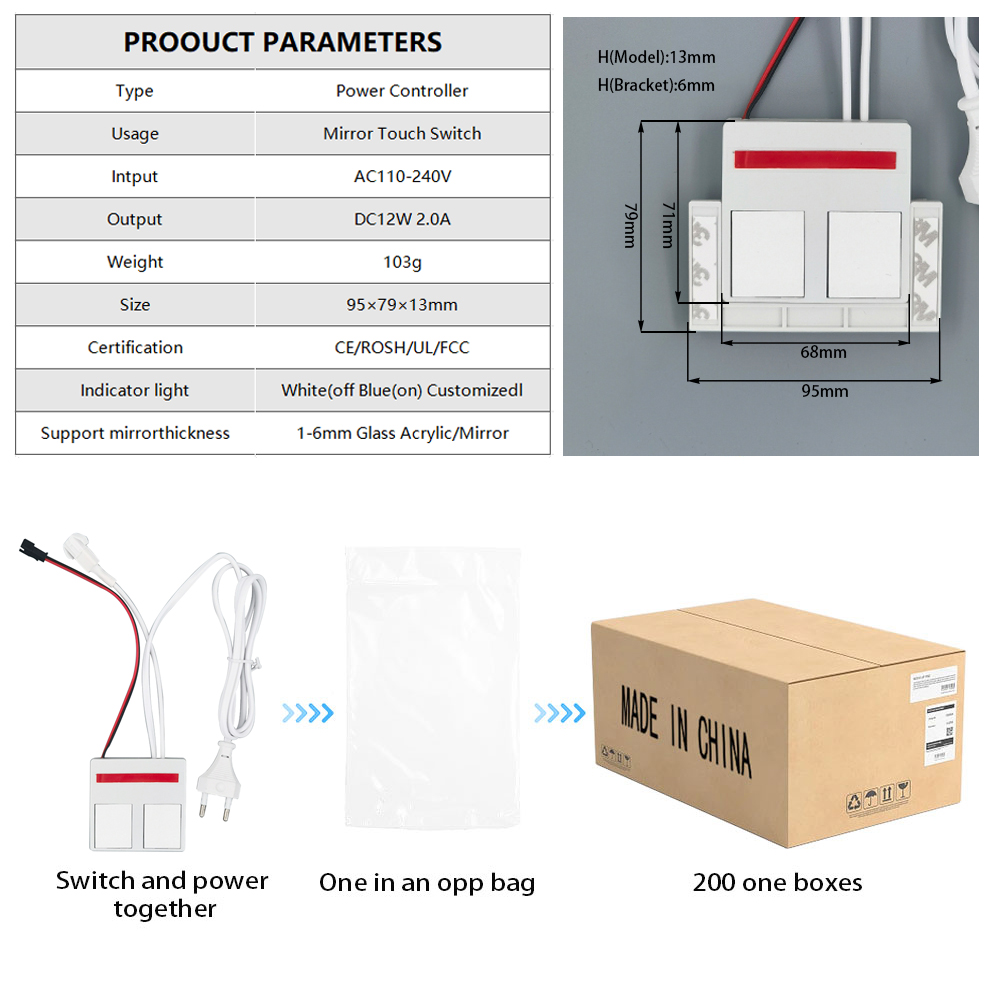 12V LED Light Source Integrated Bathroom Mirror Switch 1N1NC Combination 1A Max Current