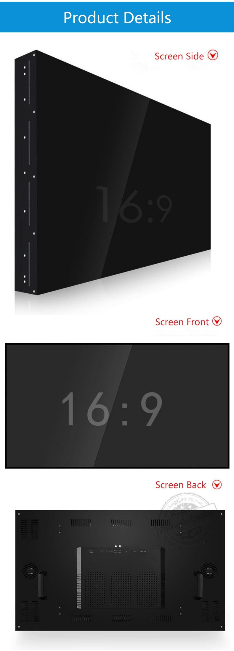 65inch 3.5mm bezel LCD Screen LED Back Light Panel Type 1920x1080 FHD 4x4 Video Wall for Outdoor Advertising