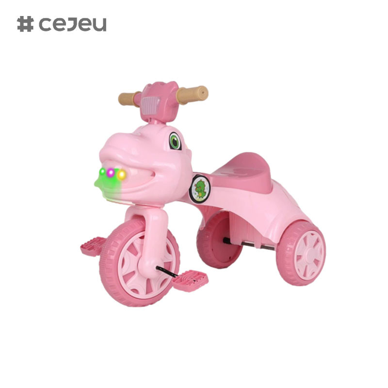 Dinosaur shaped tricycle for kids, with music, lights, storage box, pink, green, coffee color options