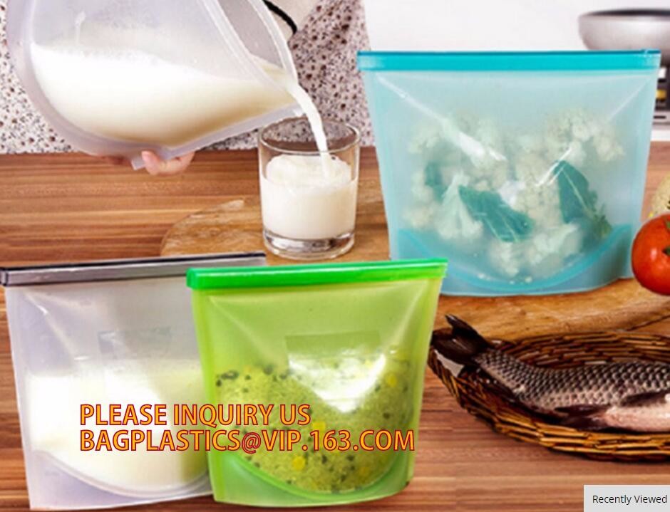 Storage preservation reusable silicone food bag,FDA reusable silicone storage food bag with Zip lockk in microwave bagease