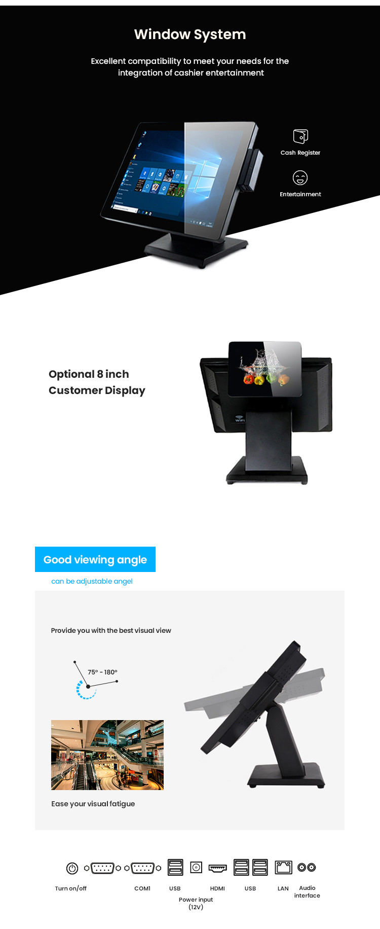 Celeron J1900 CPU 400cd/M2 Windows POS System With 8 Inch Customer Display