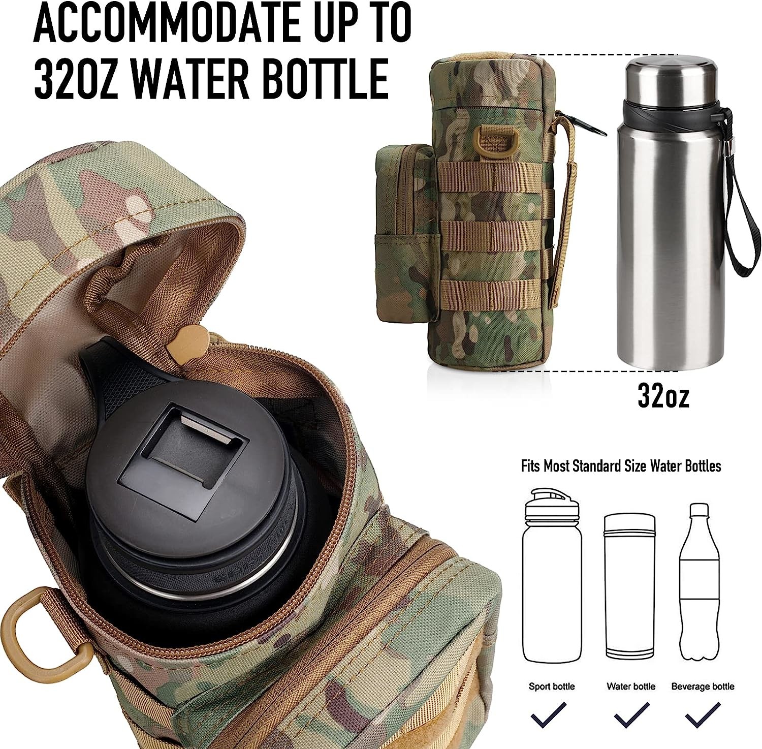 Tactical Molle Water Pouch, Tactical Bottle Holder Military Water Bottle Bag Hydration Carrier H20 Pouch Kettle Pouch