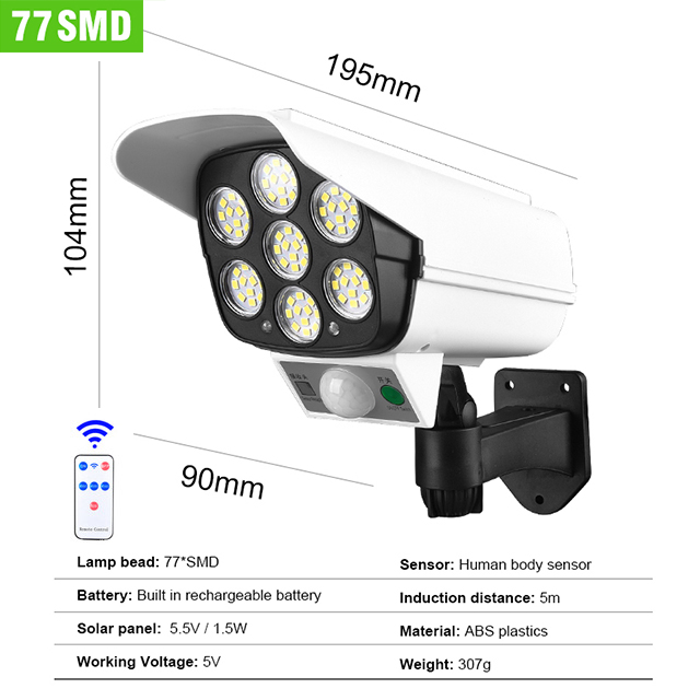 Outdoor Solar Light Motion Sensor Security Dummy Camera Wireless Flood Light IP65 Waterproof 77 LED Lamp 3 Mode For Home Garden