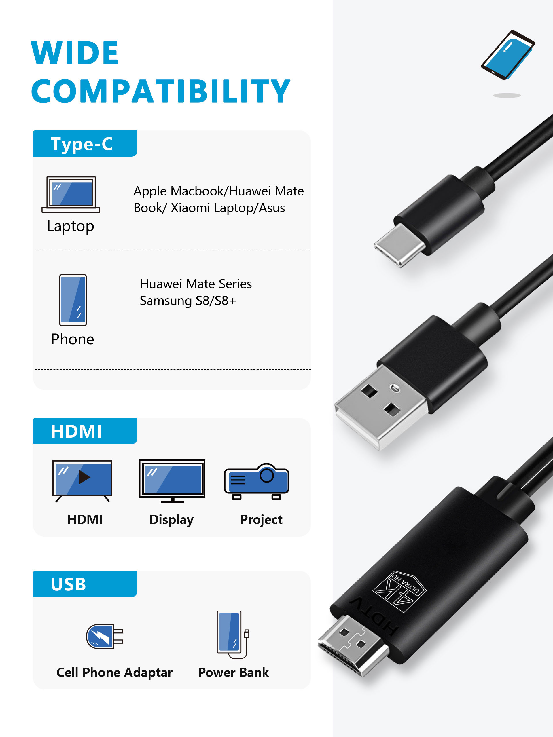 6FT HDMI HDTV Cable USBtype C to 4K HDMI cable