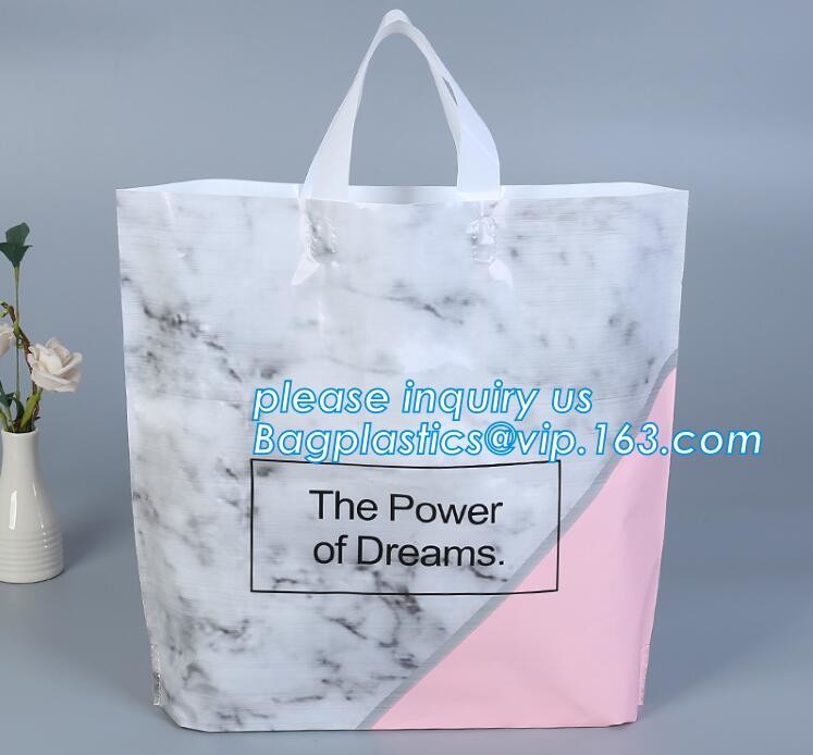 Custom Printed Stand Up Block BottomSoft Loop Handle Plastic Carrier Shopping Bag，Plastic Soft Loop Handle Bag for Shopp