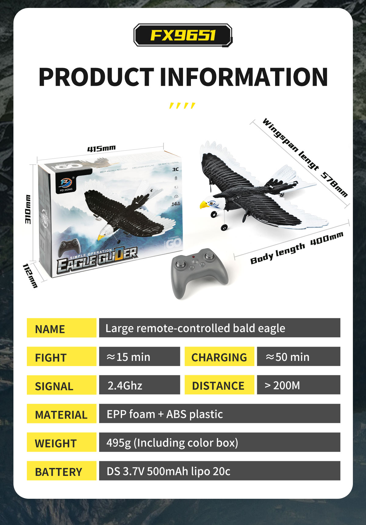Features RTF 3ch Epp Foam Rc Simulation Wingspan Bald Eagle 2.4g Rc Glider Airplane Toys with 14 Years up Age Range