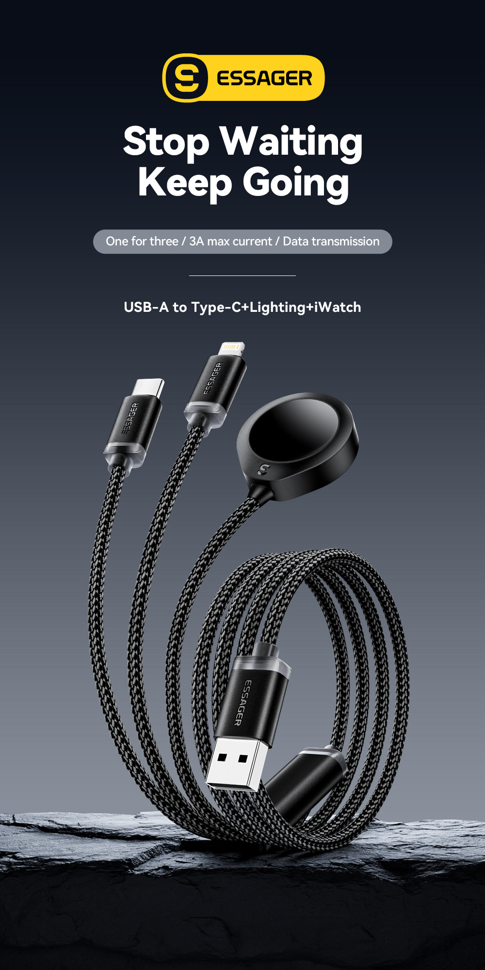 TPE USB A To USB C + L + Watch Cable 3 In 1 Charging Cable 3A ES-X60 Series