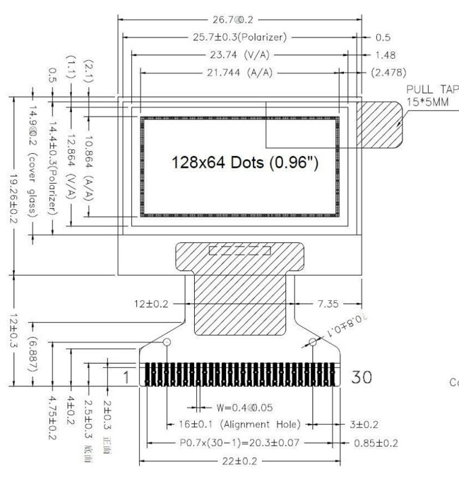 OLED Display Factory China 0.96 Inch 128x64 Dots OLED Graphic Module Single Color SPI Interface