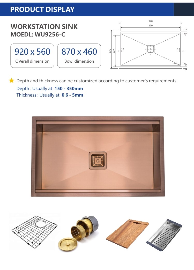 Single Bowl Copper Workstation Sink 36' Undermount Drop In 92x56