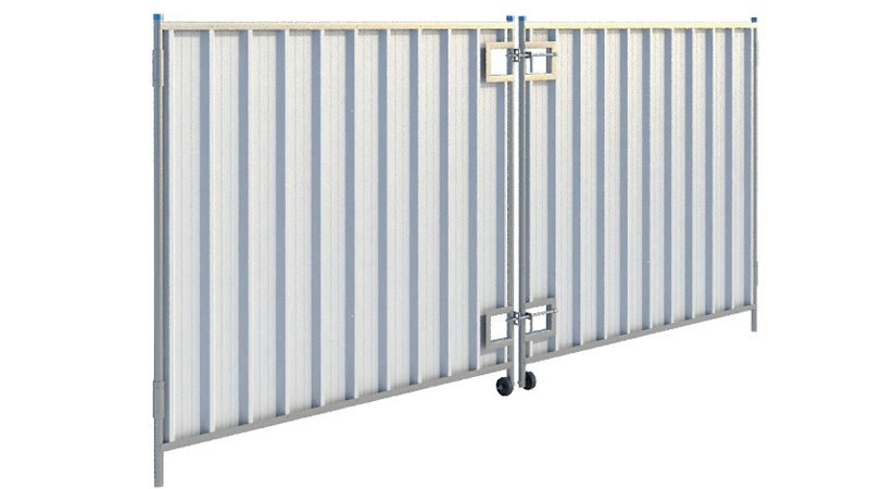 Vehicle hoarding gate with two black rubber wheels and two latches.