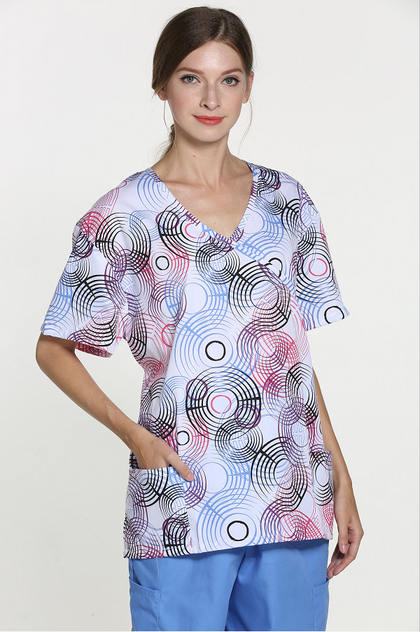155 GSM V Neck Rolled Collar Nurse Print Short Sleeve Medical Uniform Wrinkle-free