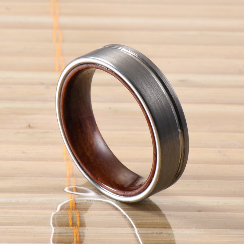 Geometric Pattern Tungsten Wedding Band for Men and Women 6mm Rose Wood Inner Ring in Beveled or Offest Grooved Styles