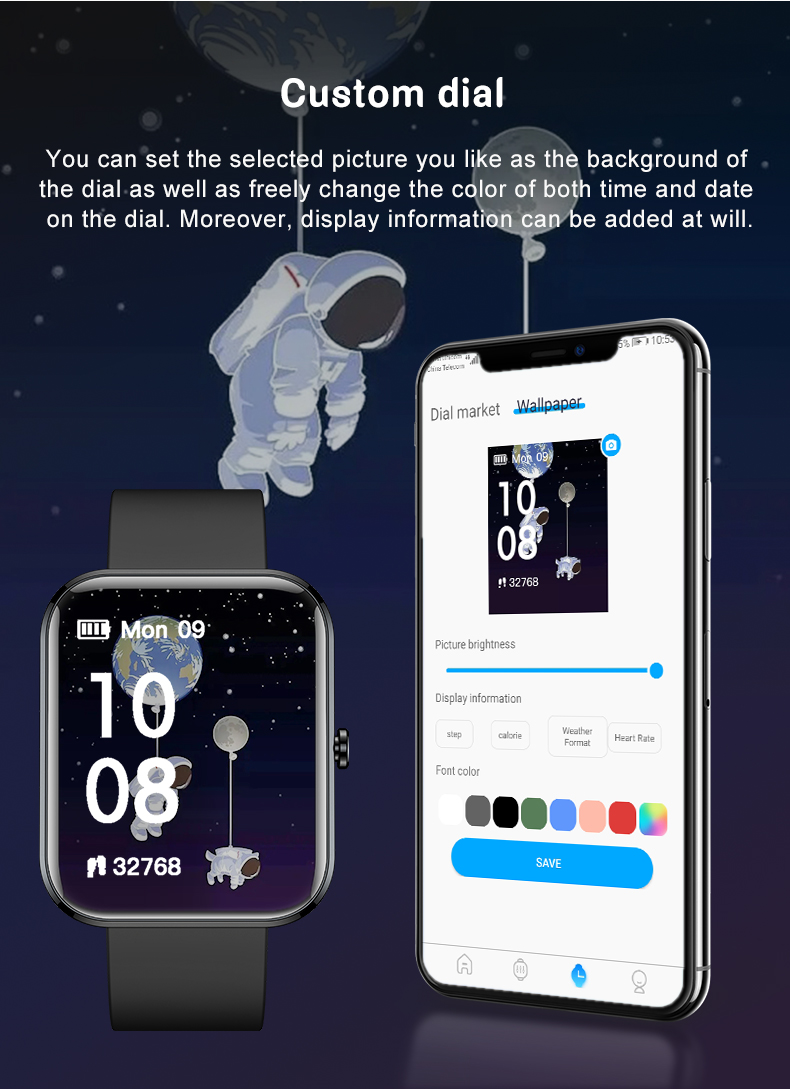 1.69inches Square Smart Watch Alarm Clock Reminder Music Control