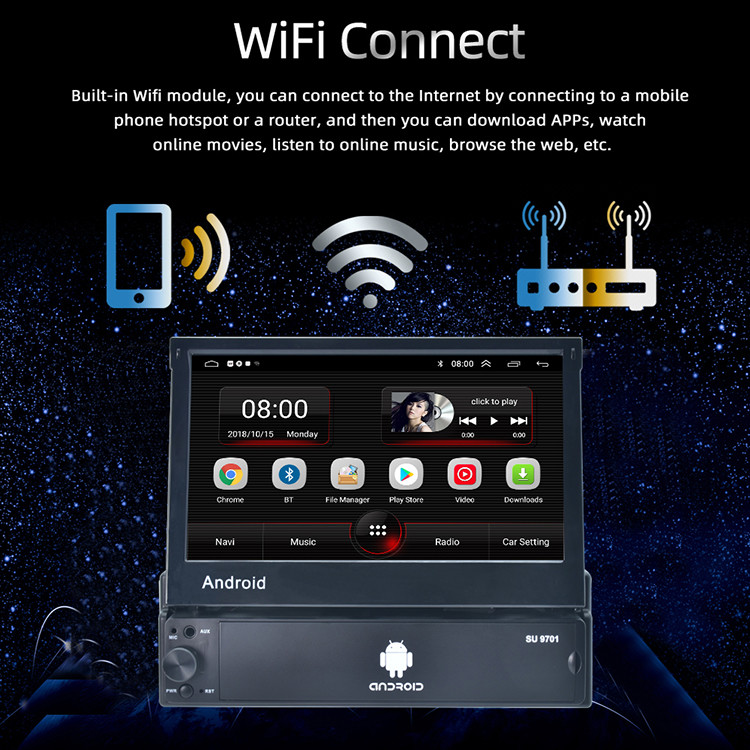 Single Din Retractable Screen Car Stereo 1.3GHz 7 Inch Car Android Player Audio