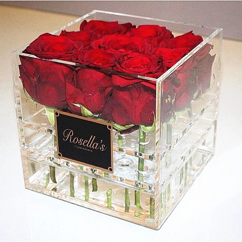 Wholesale Price Preserved Rose Display Acrylic Box With Lid Square Style 8 Sizes Valentine's Day Anniversary