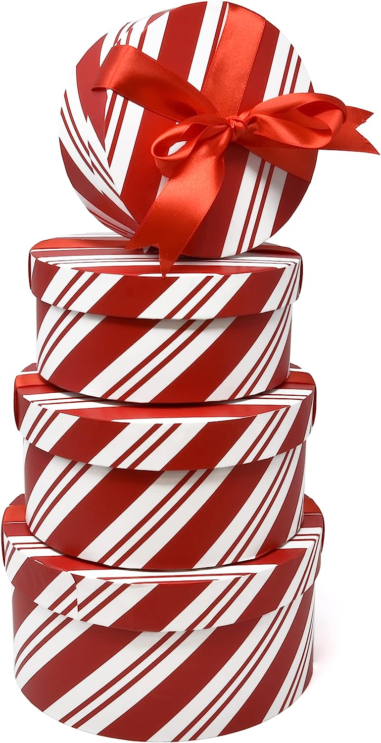Craft Christmas Round Nesting Gift Boxes with Lids 4 Pack Red and White Candy Cookie Box