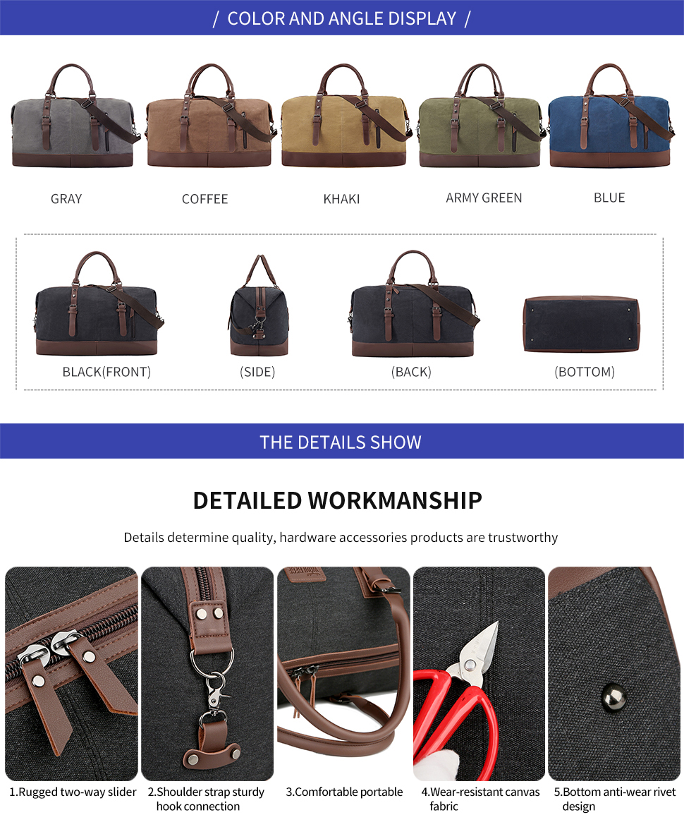 Large Capacity Travel Duffel Bag Leather Black Canvas Shoulder Crossbody Weekend
