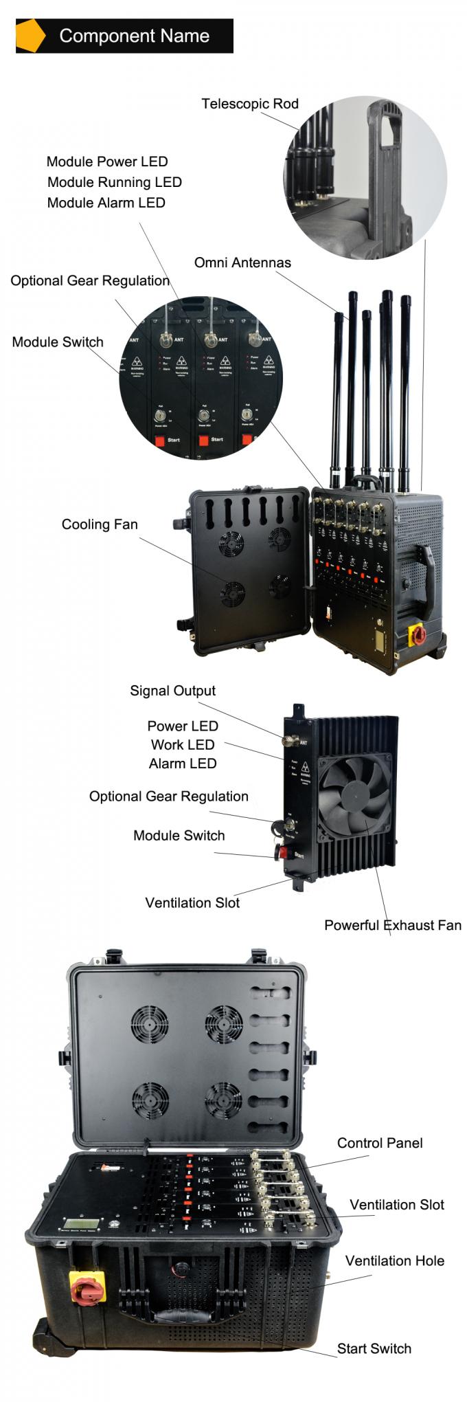 Up to 1500M Jamming Range High Power Draw Bar Box 6 Channels Mobile Signal Jammer 300W exspcially for drone