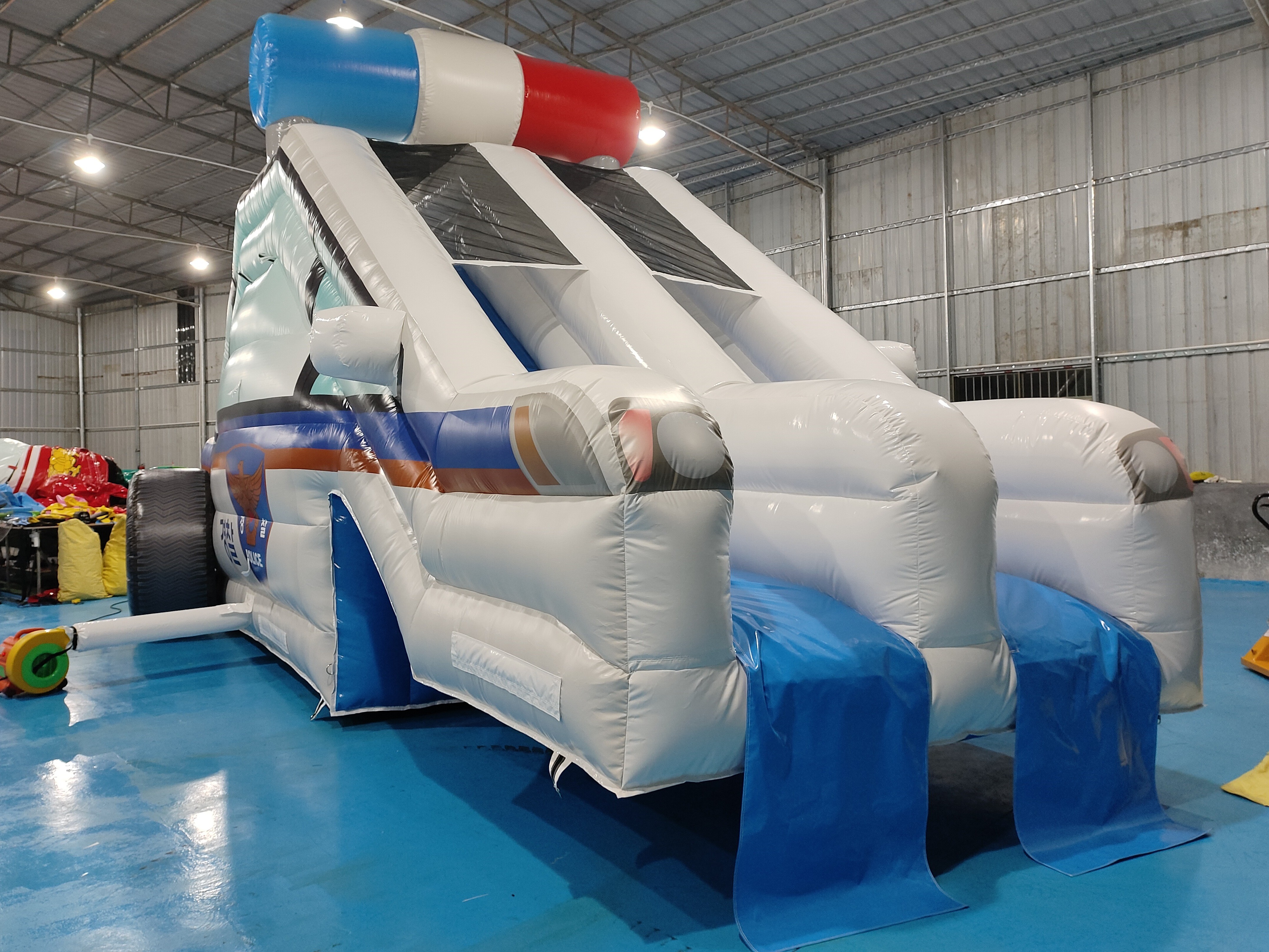 Customized Backyard Inflatable Slide Police Patrol Wagon Carton Inflatable Double Dry Slides For Kids
